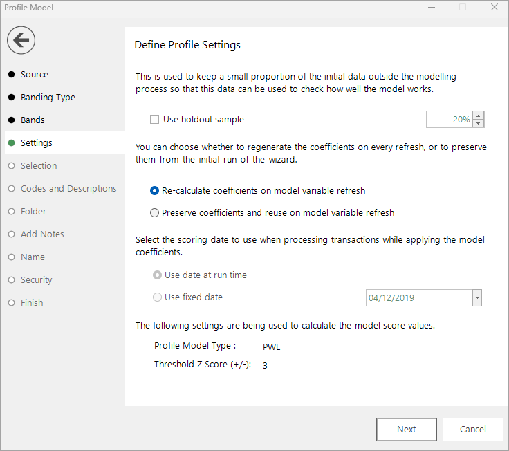 Profile model settings step