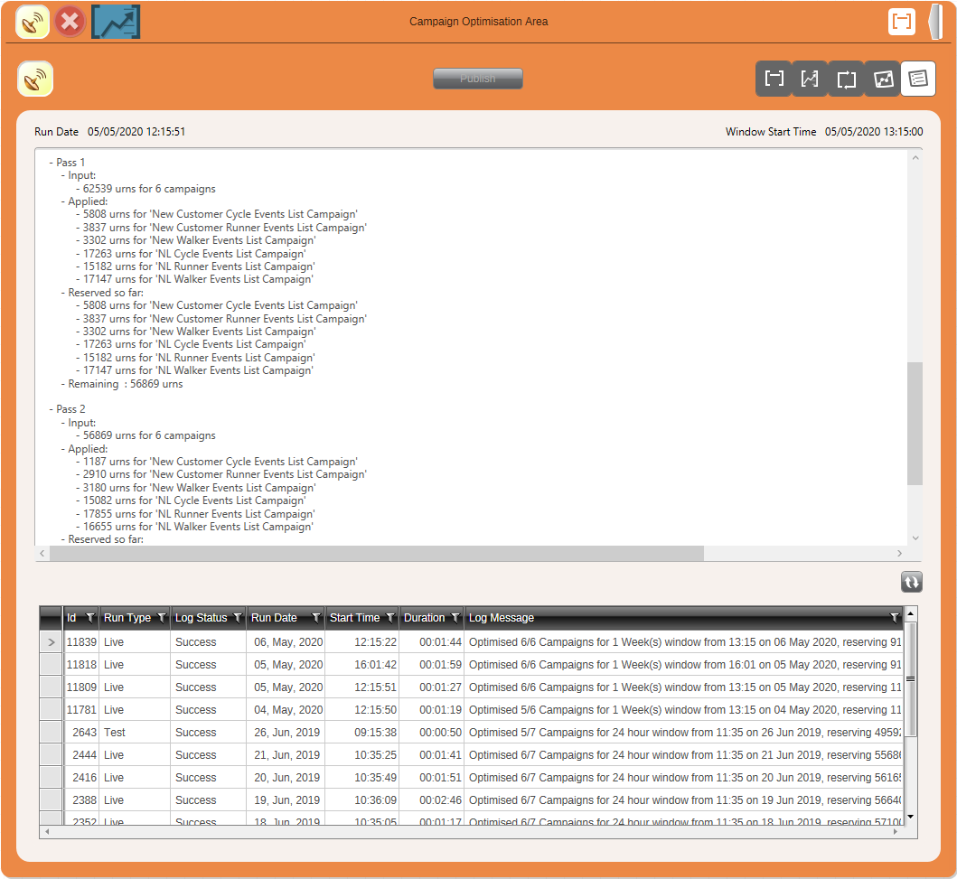 Campaign Optimisation Multiple Campaigns Example - History View History View
